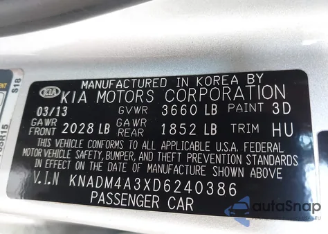 2013 Kia Rio Lx из США, поврежденный, VIN KNADM4A3XD6240386